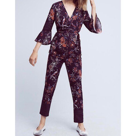 Anthropologie Maeve Espoir Jumpsuit V Neck Floral Bird Print 3/4 Bell Sleeve Mul - Picture 1 of 15